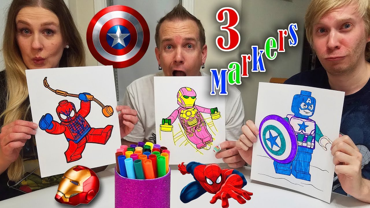 3 Marker Challenge Coloring LEGO Superheros!!! Spiderman, Iron Man, and Captain America!