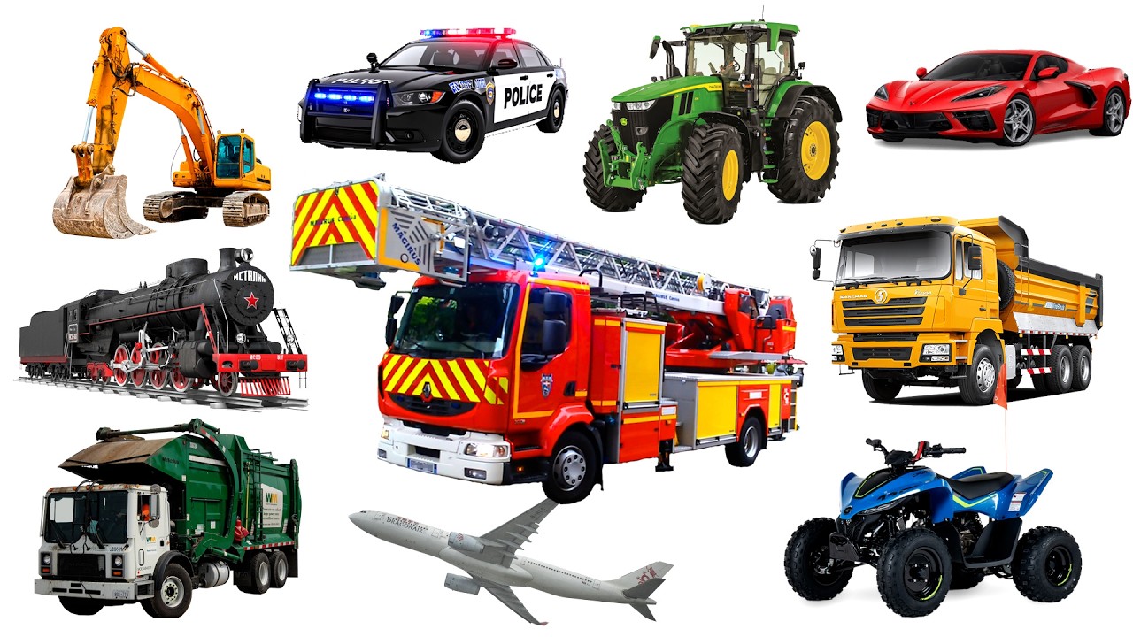 Transport Vehicles for Kids. Types of Vehicles, Fire Truck,  Truck, Bus, Train,