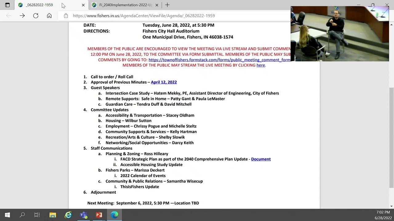 Fishers Advisory Committee on Disability June 28, 2022 at 5:30 PM