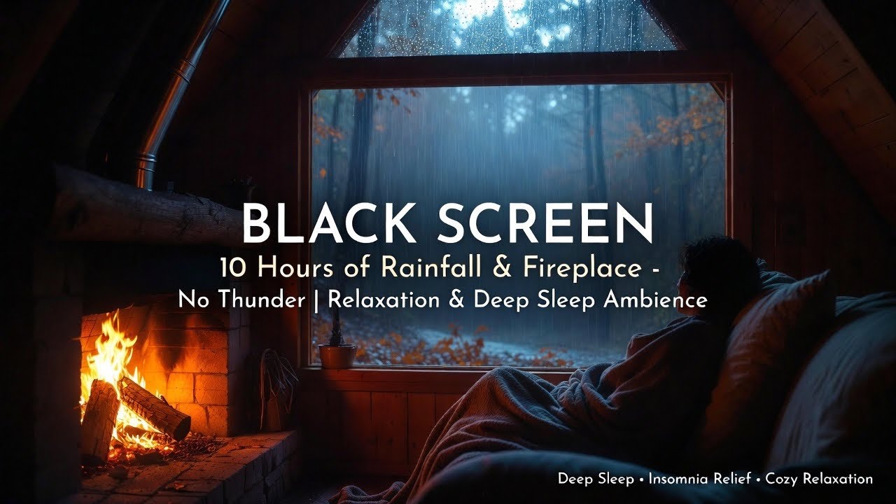 BLACK SCREEN 10 Hours of Rainfall & Fireplace - No Thunder | Relaxation & Deep Sleep Ambience