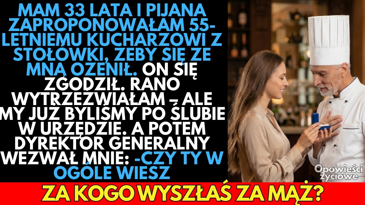 Po pijaku OŚWIADCZYŁAM się kucharzowi. Rano byl ślub. Dyrektor wezwał mnie :„Czy WIESZ, kim on jest?