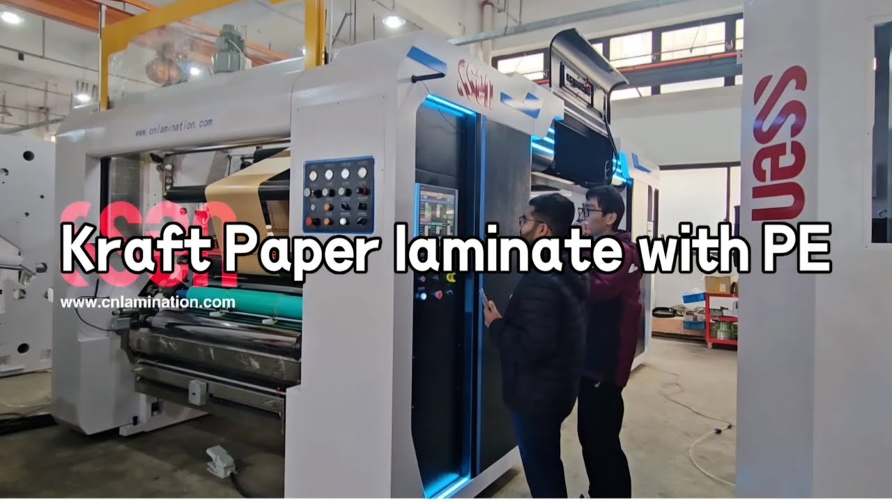 Kraft paper laminate with PE by #SSEN Solventless Lamination machine. Machine's test before delivery
