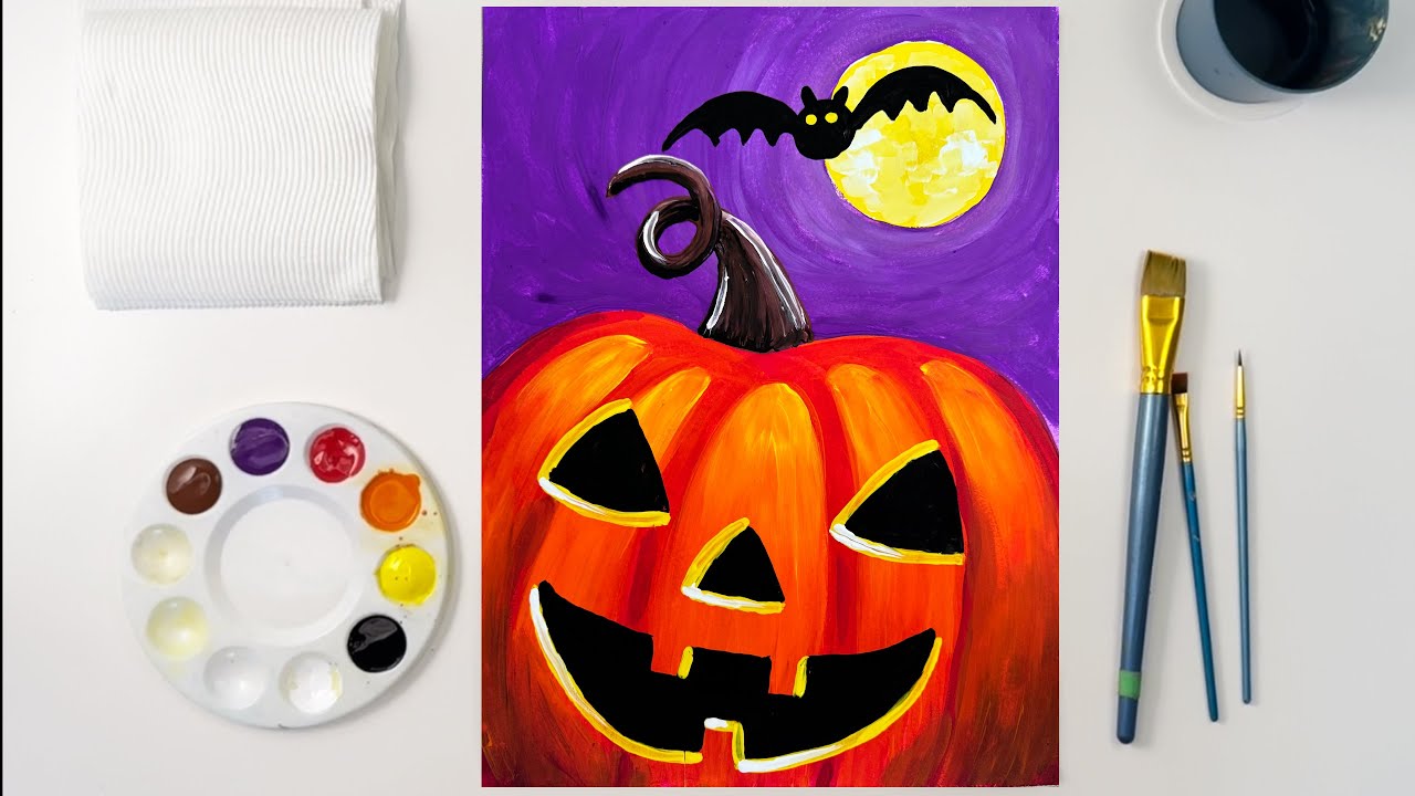 🎨Easy Halloween Pumpkin and Bat Painting Step by Step Tutorial for Kids and Beginners! 🦇👻