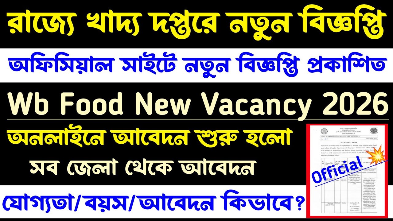 Wb Food New Vacancy[🔥Official]রাজ্যে খাদ্য দপ্তরে নতুন বিজ্ঞপ্তি 2026/Wb Food Online Apply Now 