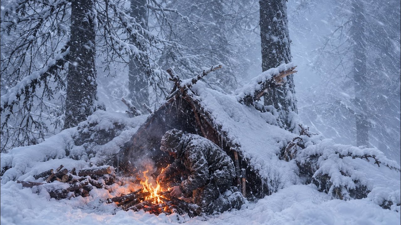 Solo Survival Camp | Heavy Snow, Freezing Rain & Blizzard | No Tent, No Sleeping Bag, Just Fire