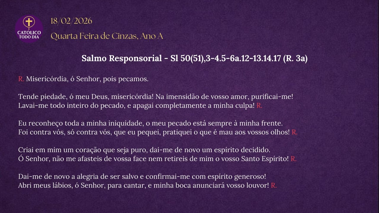 Liturgia - Quarta-Feira, 18 de Fevereiro de 2026 - Quarta-Feira de Cinzas