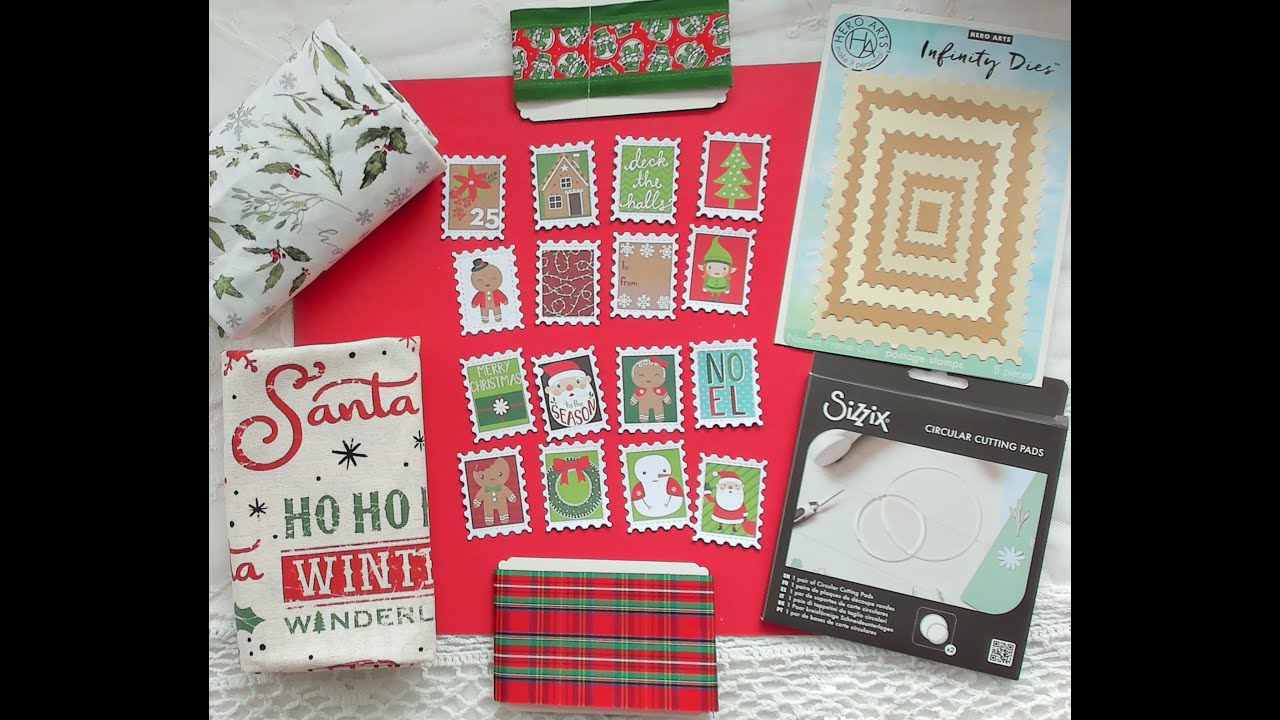 Christmas Postage Stamp/Christmas Fabric/Christmas Ribbon/Die cutting Postage Stamps/Using up Scraps