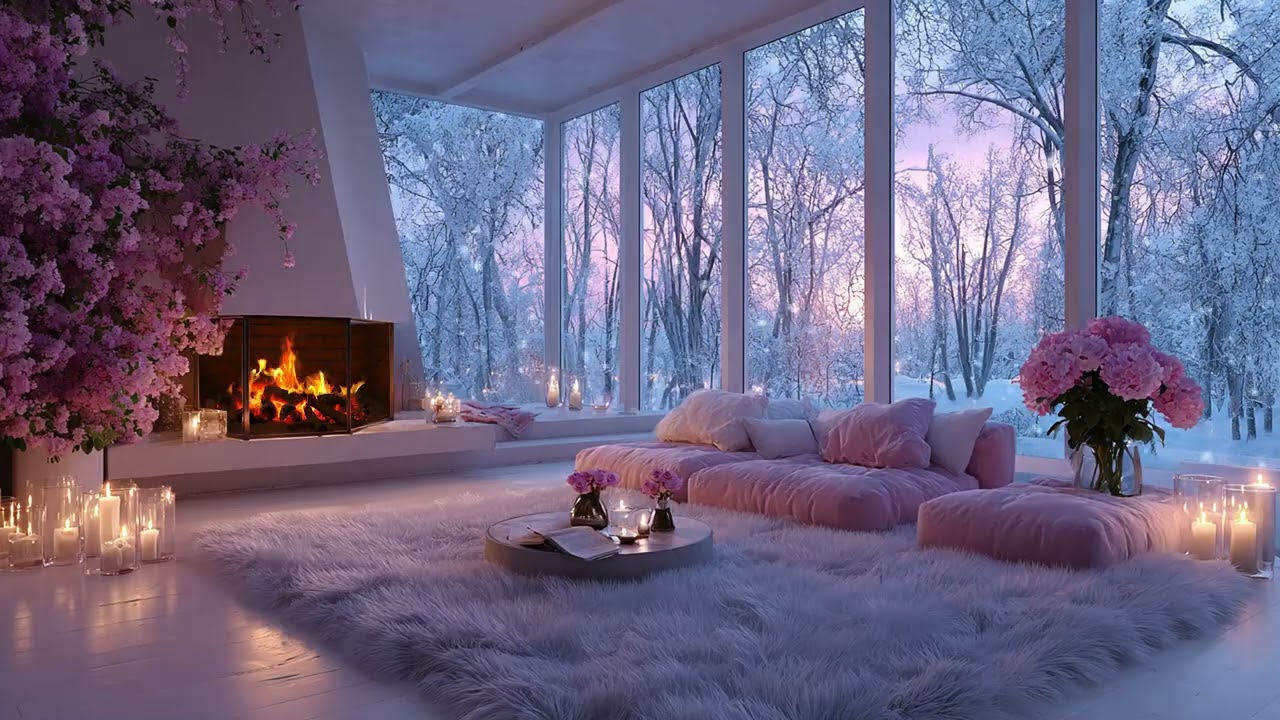 🔥🎼 Calm Winter Piano Lounge | Snow Outside & Glowing Fireplace | Work Study Relax Calm