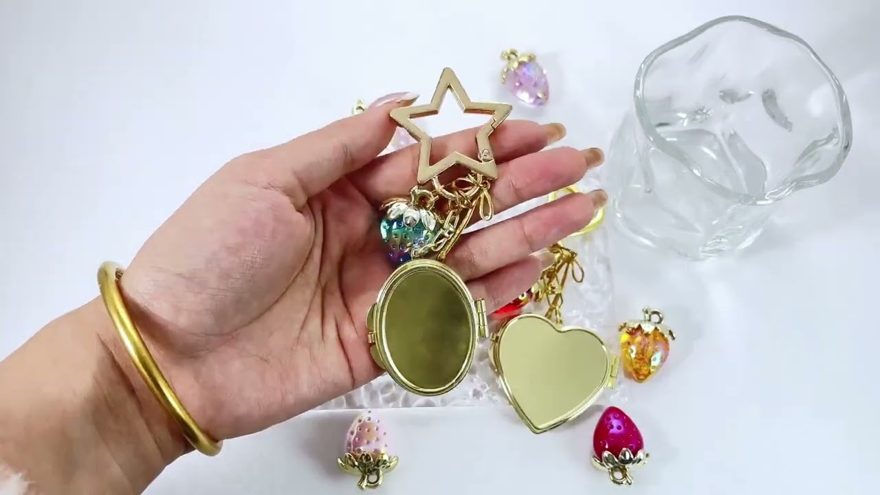 Personalized Golden Photo Keychain, Mirror & Strawberry Charms, Wedding gifts