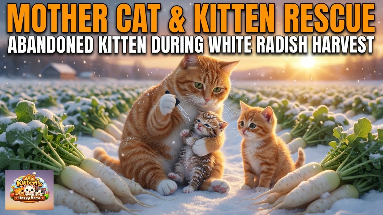 1. Mother Cat and Ginger Kitten Rescue an Abandoned Kitten During White Radish Harvest 🐾