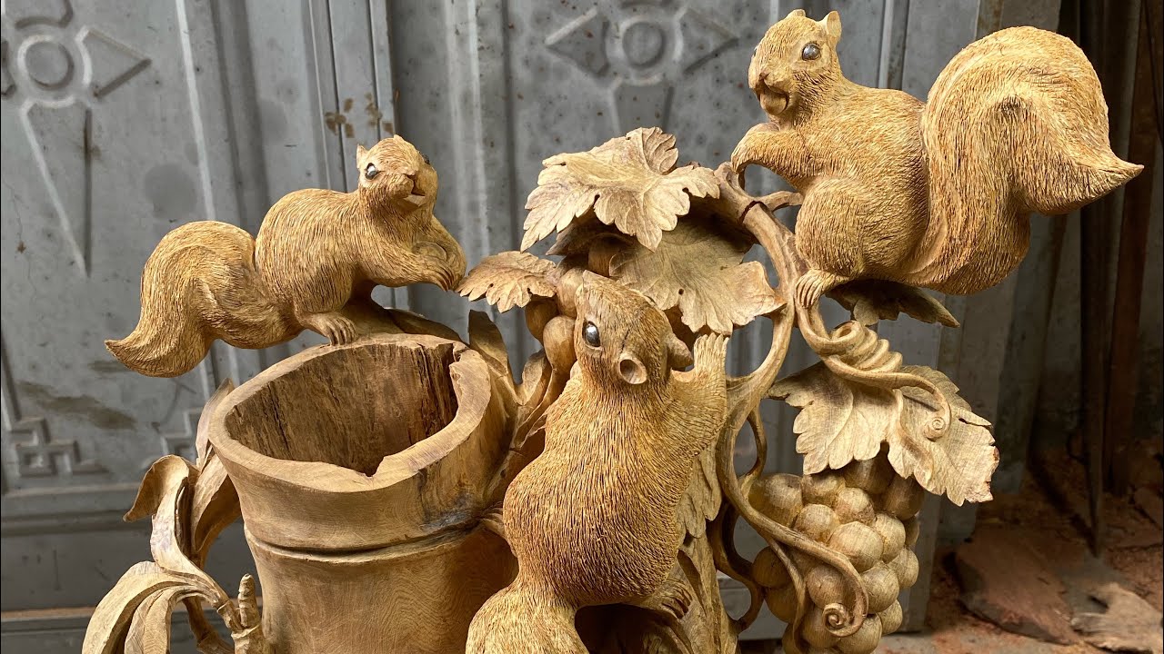 Wood carving skills for Newbies | Squirrels and grapes carved | Tinh Woodworking Art