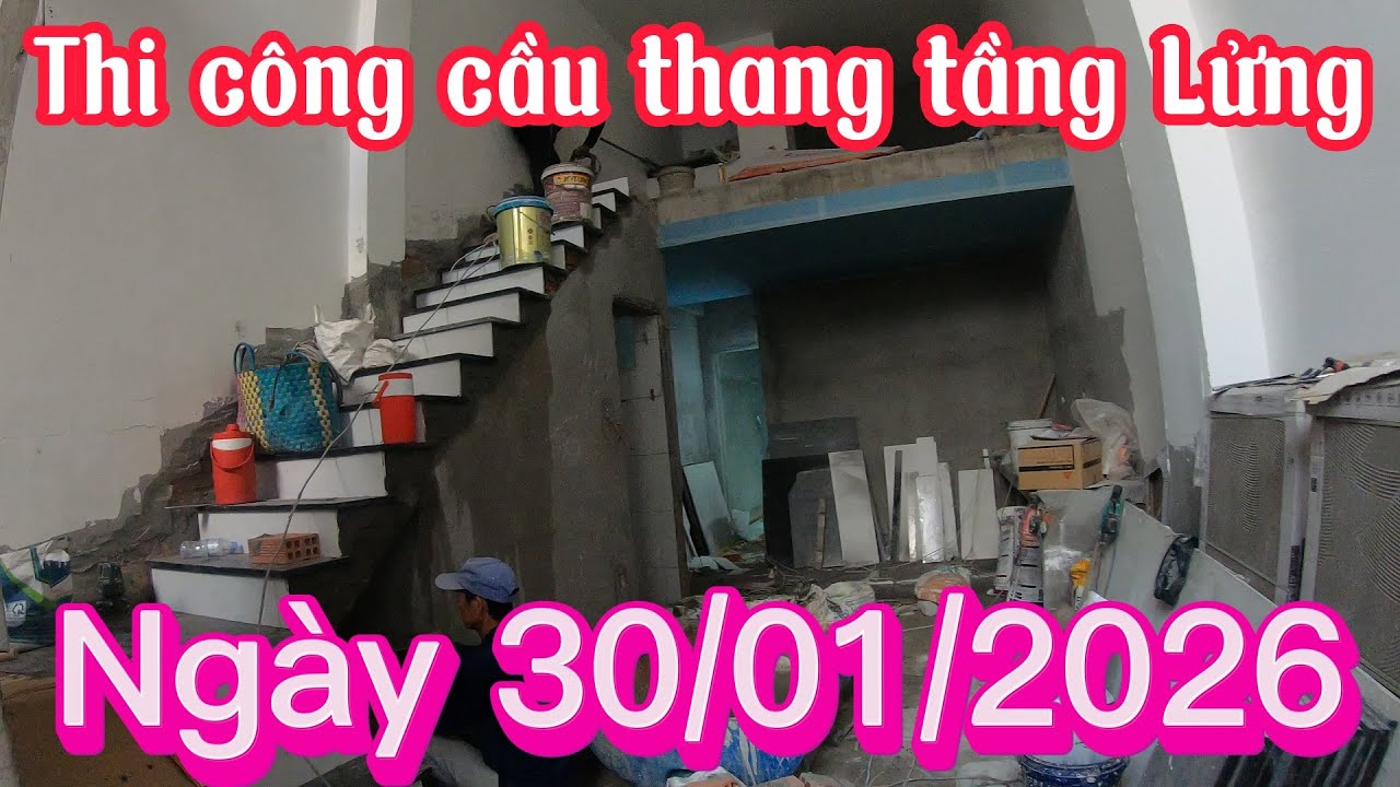 [2026-01-30] Thi công ốp lát đá hoa cương cầu thang tầng Lửng ngày 30/01/2026