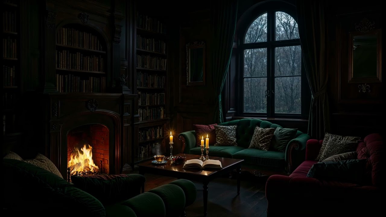 Dark Academia Library Rain | Fireplace Crackles While Rain Streams Down Gothic Windows
