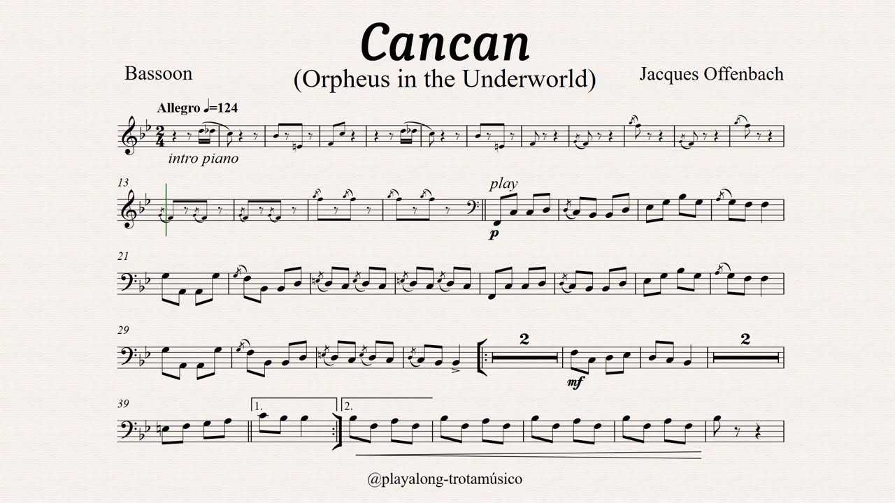 Bassoon / Cello Play Along - Cancan (Orpheus in the Underworld) Sheet music with Piano accompaniment