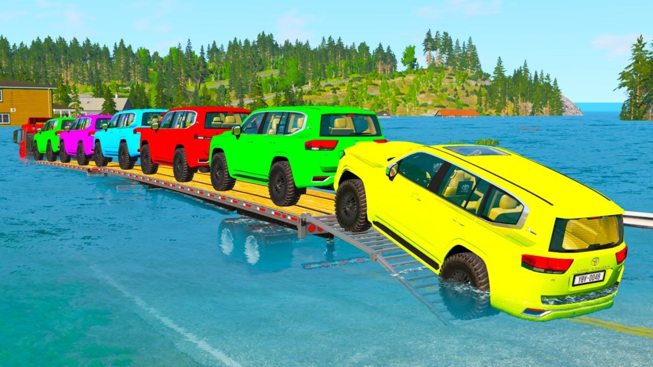 Triple Flatbed Trailer McQueen Transportation with Truck - Speedbumps vs Cars vs Train - BeamNG #53