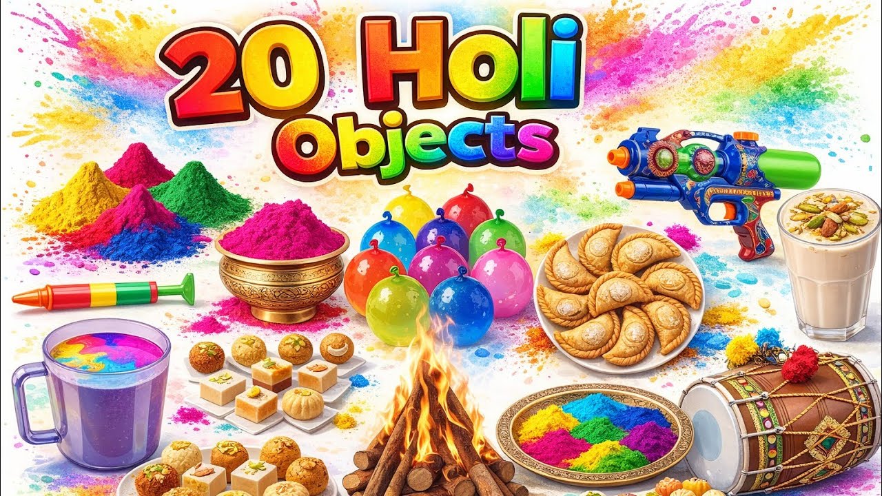 होली में खेलने वाली 20 चीजें 🌈 | 20 Holi Objects Names in English & Hindi | Kids Learning Video