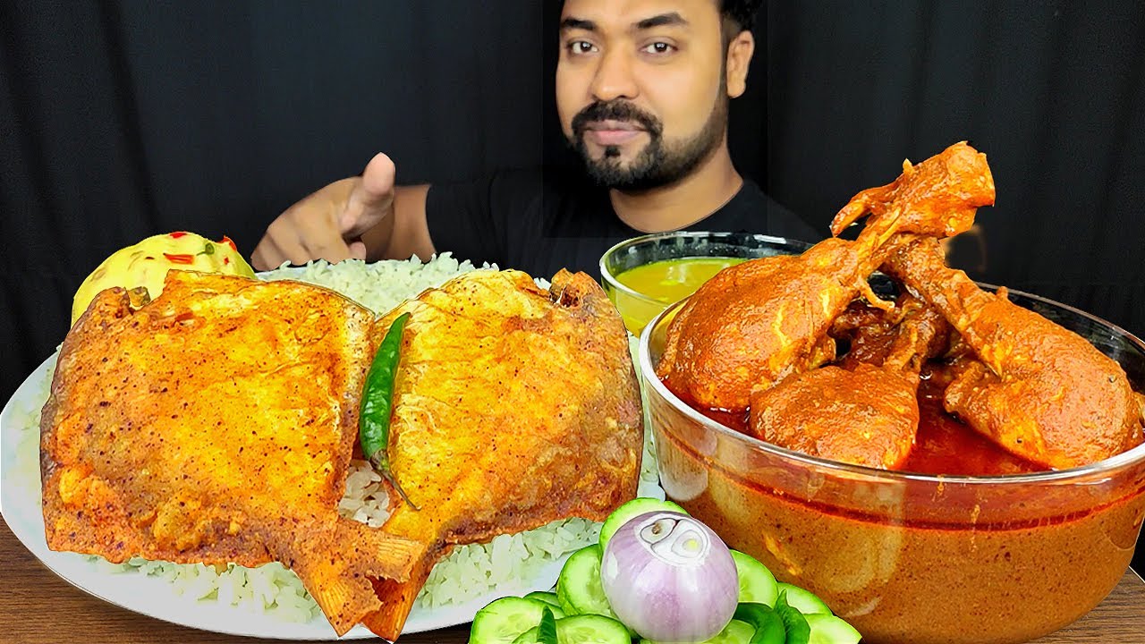 POMFRET FISH FRY, MASHED POTATO, SPICY CHICKEN CURRY, RICE, ONION, SALAD MUKBANG ASMR EATING SHOW |