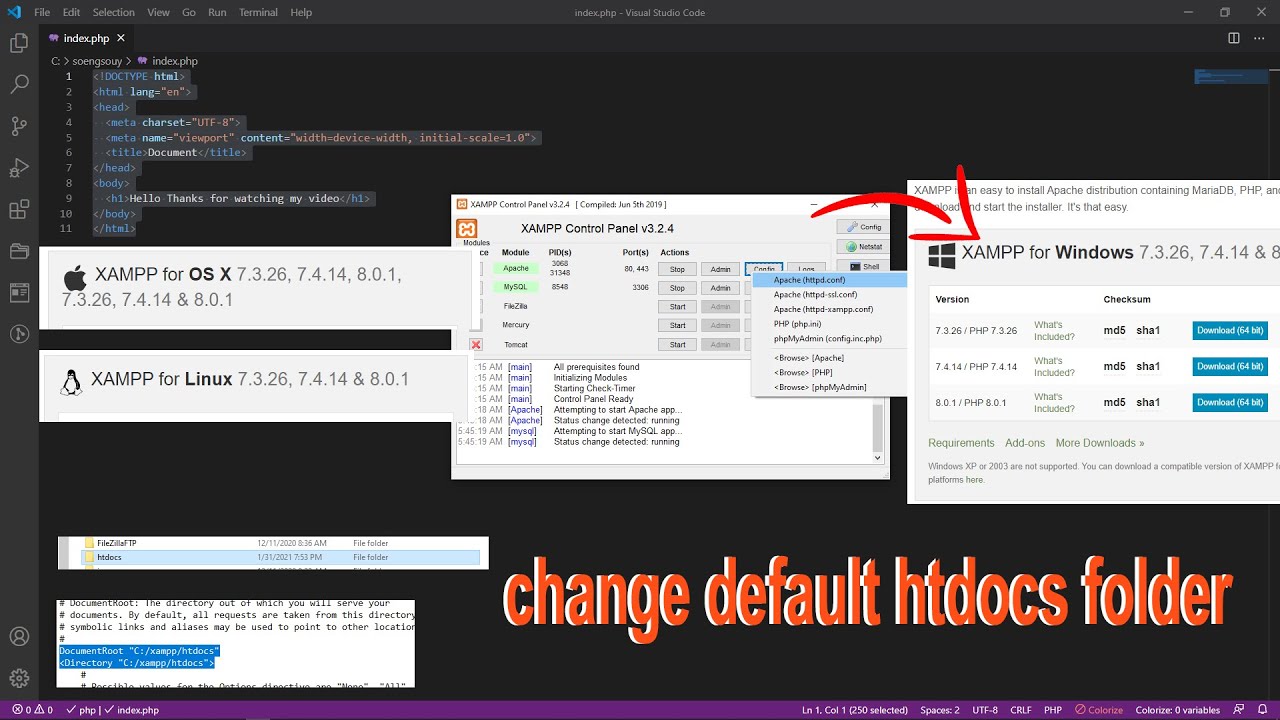 Install XAMPP and change default htdocs folder