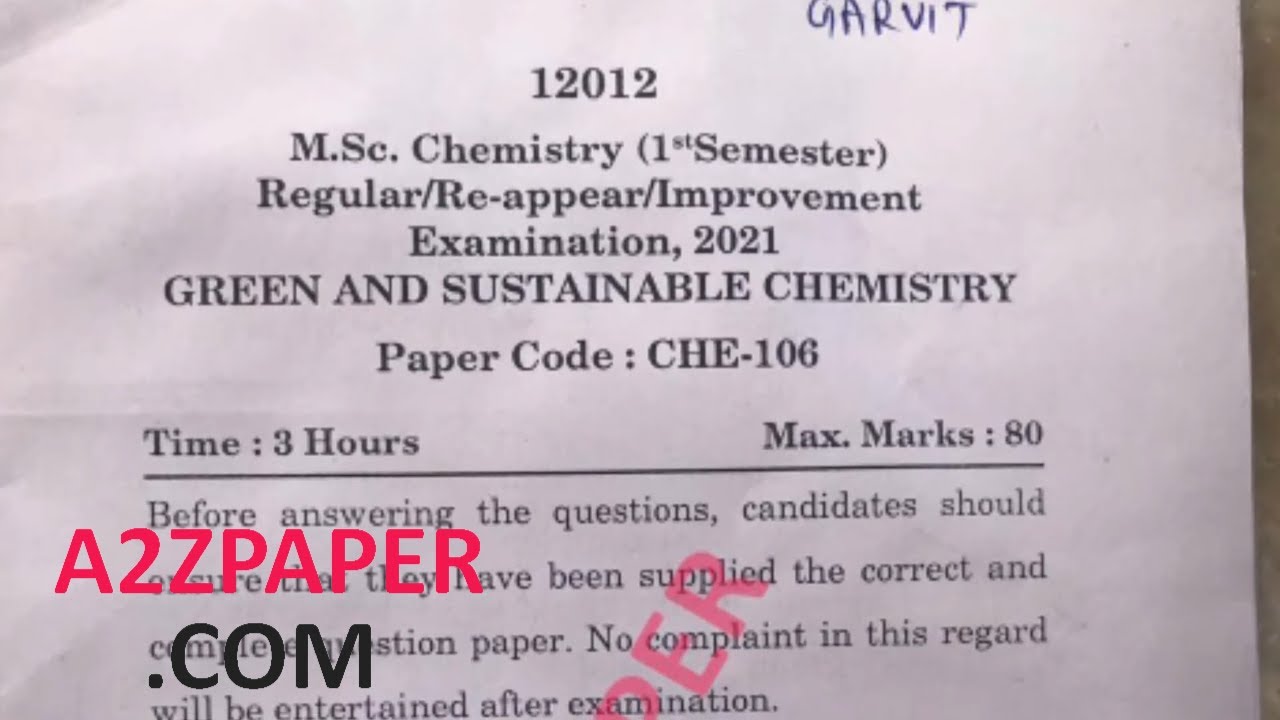 IGU MSc Chemistry 1st Sem Green & Sustainable Chemistry Question Paper 2021