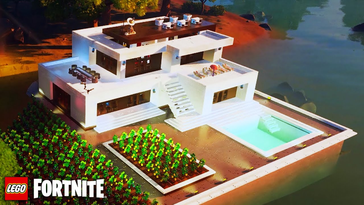 LEGO Fortnite Tutorial: How to Build 2-Storey MODERN HOUSE with a POOL and GARDEN on the LAKE