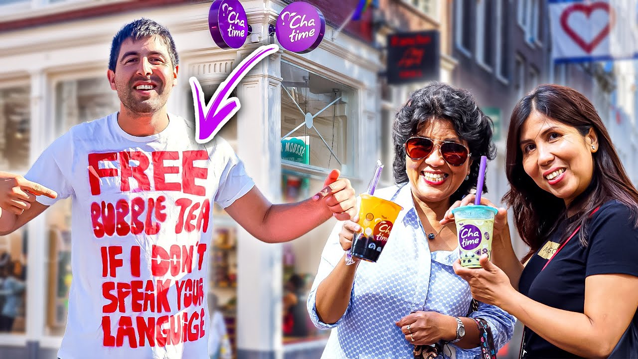 Giving Strangers Free Bubble Tea if I don't Speak Their Language | CHALLENGE