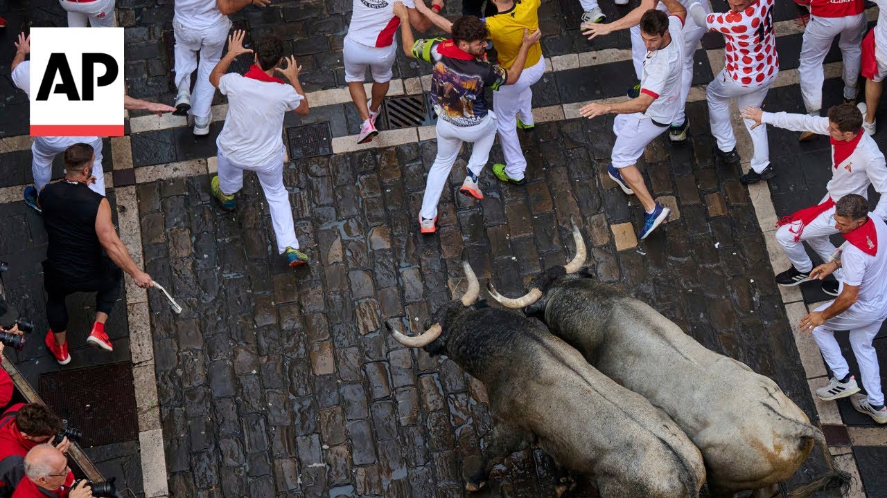 People run with charging bulls at Pamplona festival in Spain