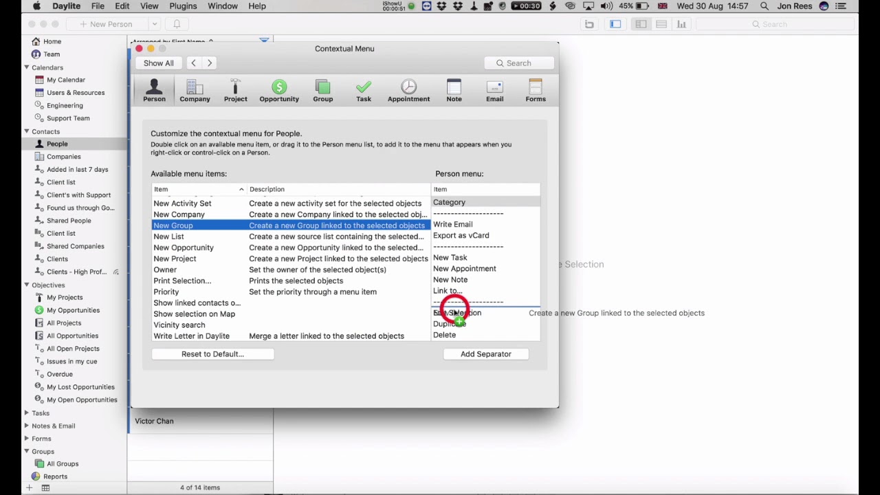 Daylite - Setting up contextual menus