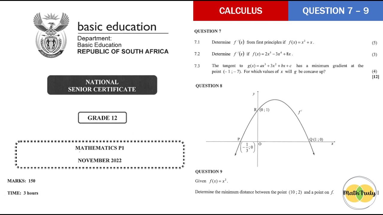 Calculus Grade 12 Mathematics Paper 1 November 2022 NSC Question 7 to 9