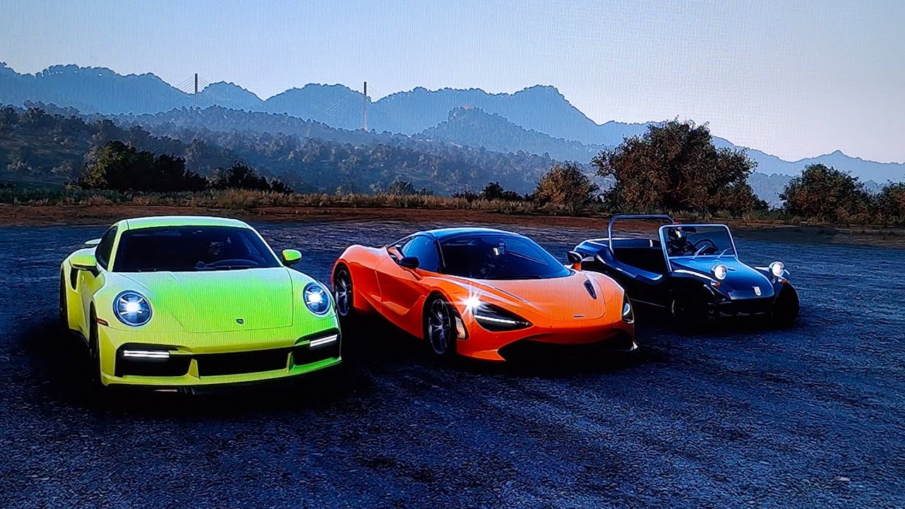Forza Horizon 5 drag race Porsche 992 Turbo S vs McLaren 720S Spider vs Meyers FE 