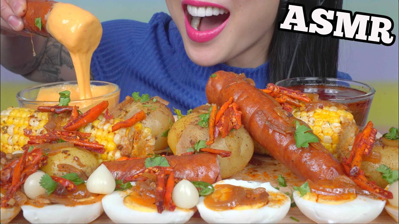ASMR SAUSAGE POTATOES BOIL + CHEESE SEAFOOD SAUCE (EATING SOUNDS) MINIMAL LIGHT WHISPERS| SAS-ASMR