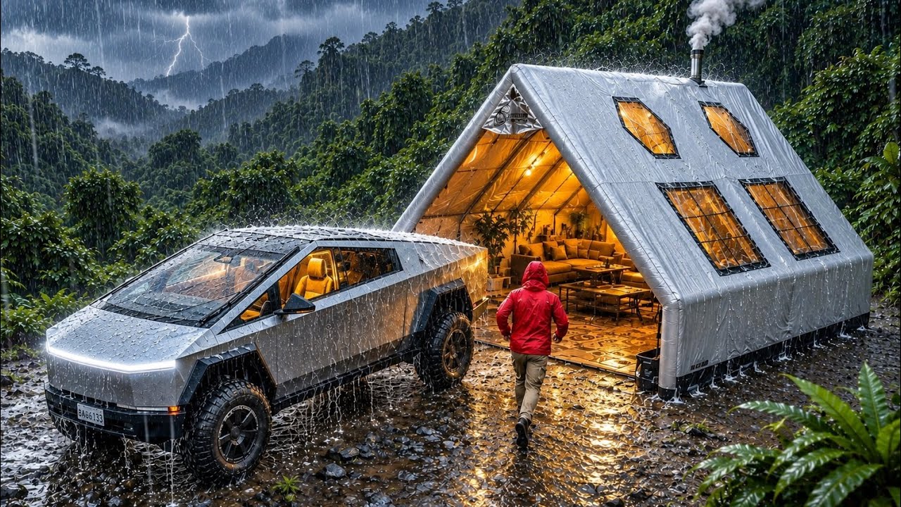 CAMPING W ULEWNYM DESZCZU ⛈️ PRZYTULNY DMUCHANY NAMIOT Z CIĘŻAR&Oacute;WKĄ TESLA