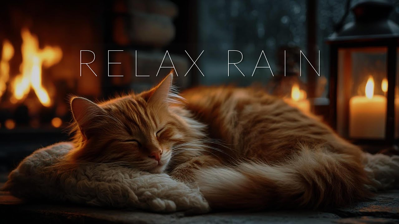 Peaceful Rain & Solo Piano 😴 Fall Asleep Fast with Sleepy Cat by Fireplace Ambiance