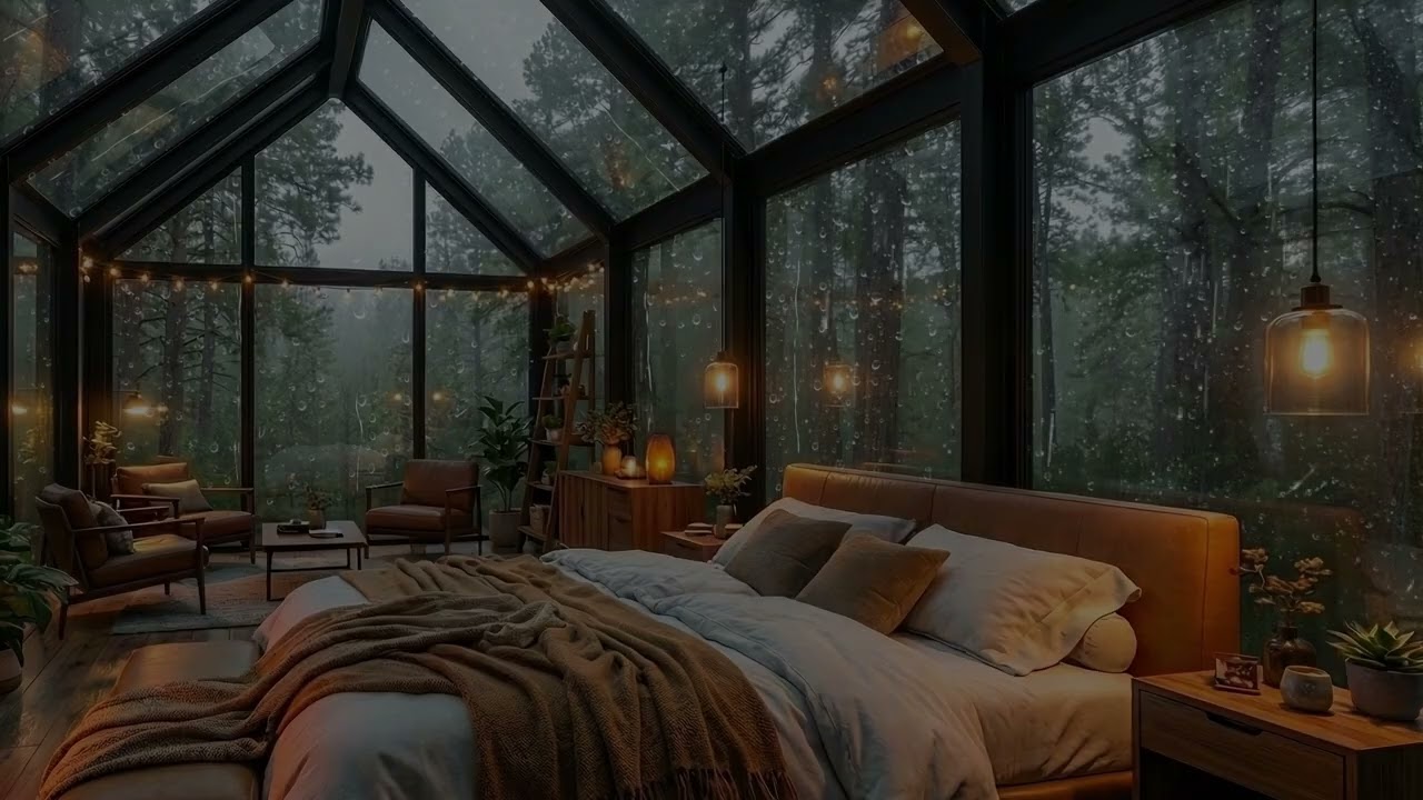 3 HOURS Rainy Glass Cabin Piano | Warm Bedroom Lights | Deep Sleep Ambience