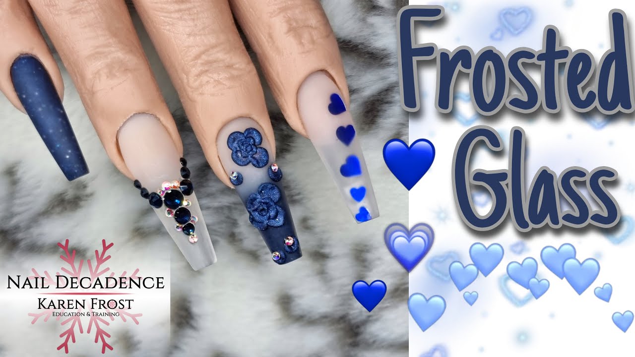 Acrylic Nails | Matte Navy Blue & Clear | Ombre | Frosted Glass | 3D Flowers| Bling | Long Ballerina