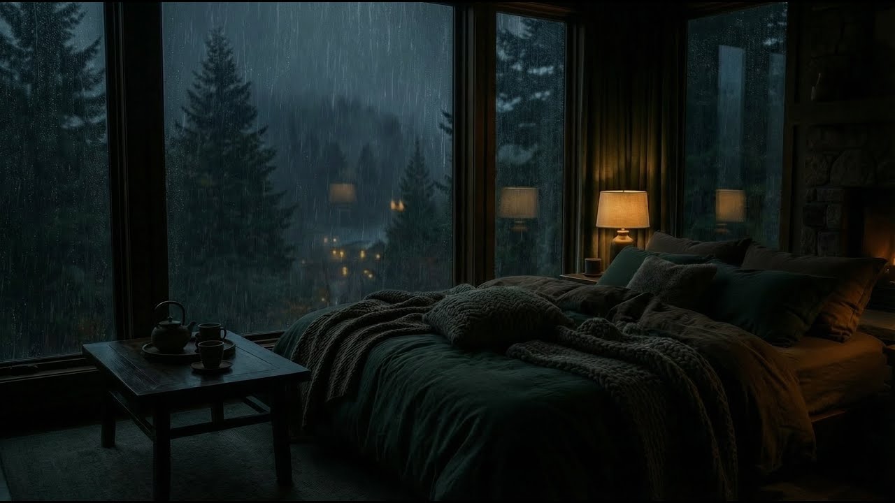 Rain Sounds in a Cozy Cabin Bedroom by the Lake - Night Ambience for Deep Sleep, Focus, Meditation