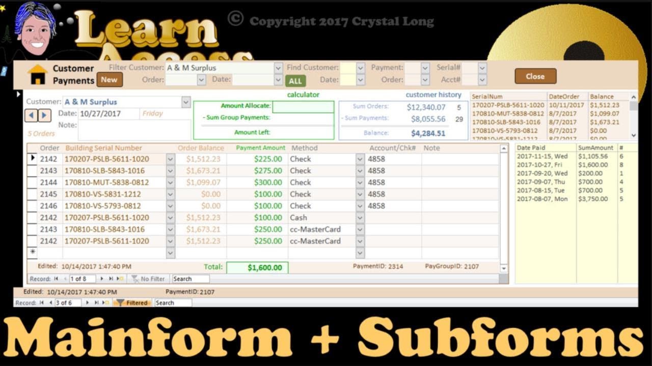 Mainform + Subforms in Microsoft Access using Payments