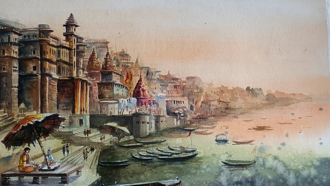 Watercolor landscape tutorials ♥️♥️|How to learn banaras ghat painting 🖌️🎨|#painting #watercolor