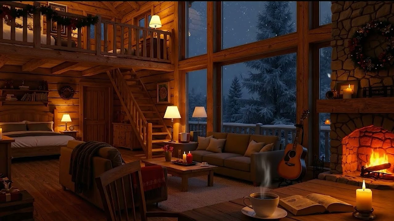 Crackling Fire & Gentle Snow Wind ❄️🔥 Cozy Red Wooden Cabin Ambience for Deep Relaxation