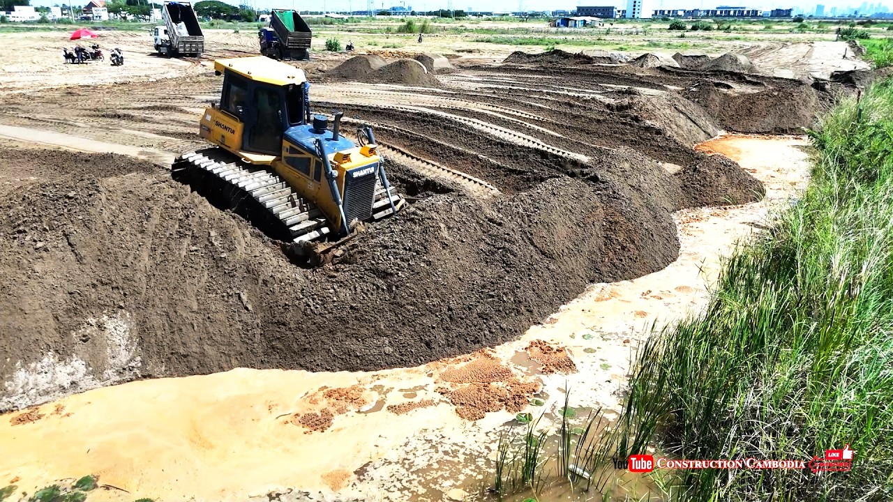 Amazing Sandfill Operation! Heavy Bulldozer Pushing Sand & Dump Trucks Filling Pond