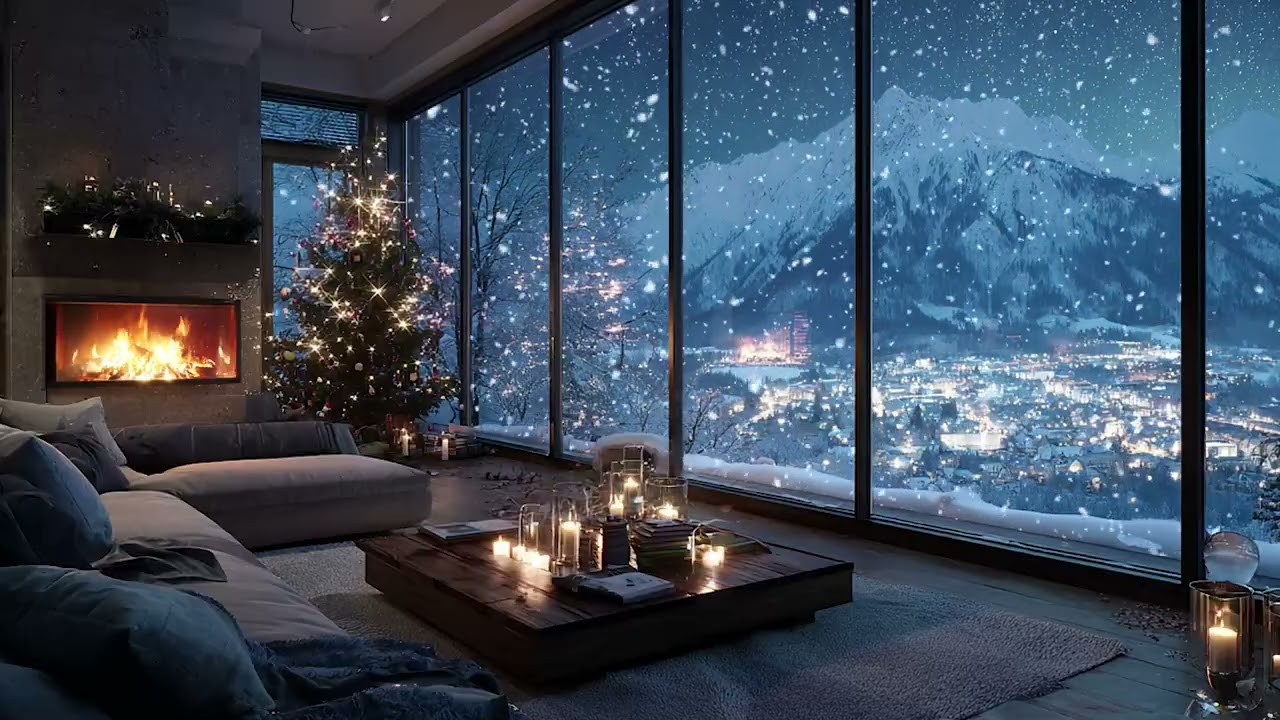 Serene Snowy Cabin Piano Nightscape | Warm Fireplace and Falling Snow