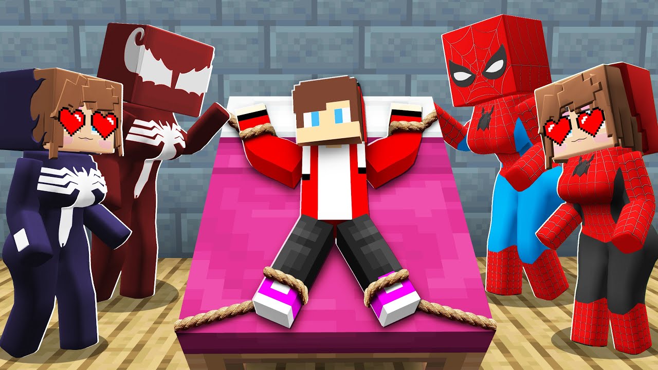 ALL SPIDER MAN and VENOM GIRLS TIED UP JJ To the BED in Minecraft - Maizen