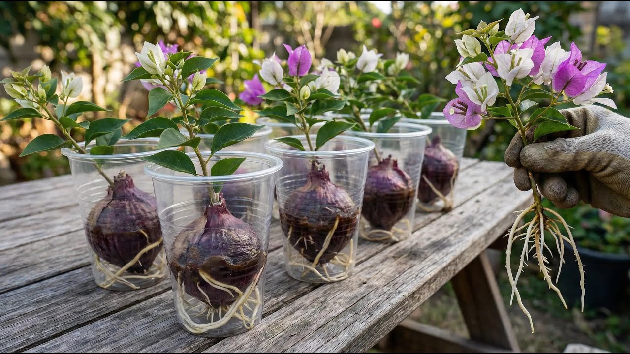 Just one onion! The bougainvillea cuttings will sprout roots like crazy overnight.