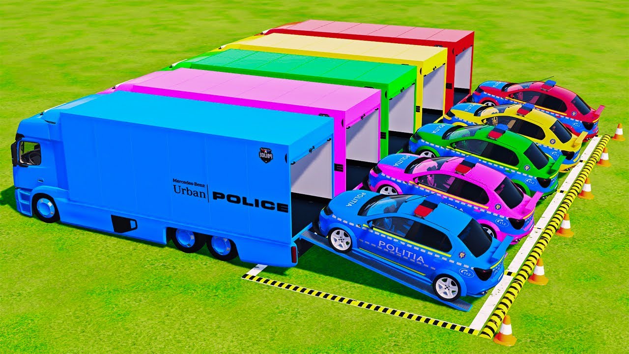 POLICE COLORFULL - TRANSPORTING POLICE CARS, AMBULANCE VEHICLES, FIRE TRUCK WITH TRUCK - FS22 