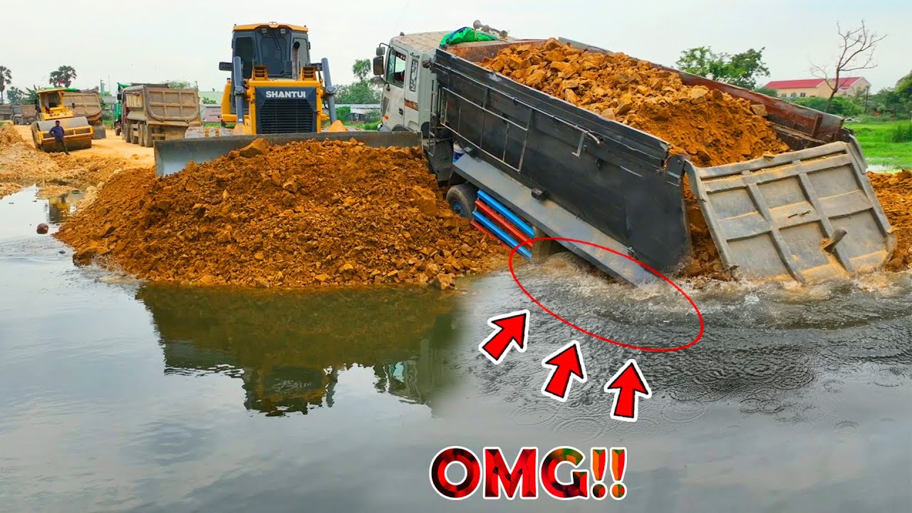 Wow.. Incredible Fill Land Job!! Dump Truck 25Ton Back Uploading overturned, Bulldozer SHANTUI Rescu