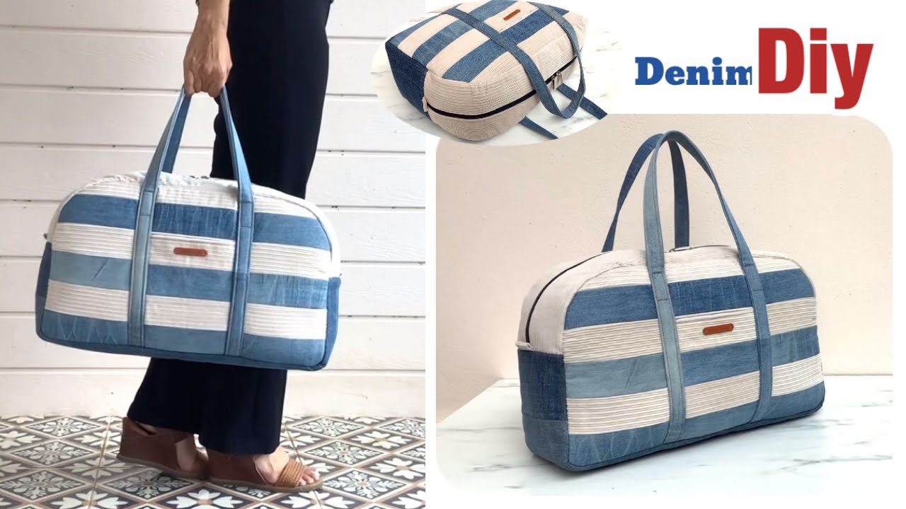 sewing diy a denim travel bag from old jeans , travel bag tutorial, jeans bag diy, old jeans reuse.