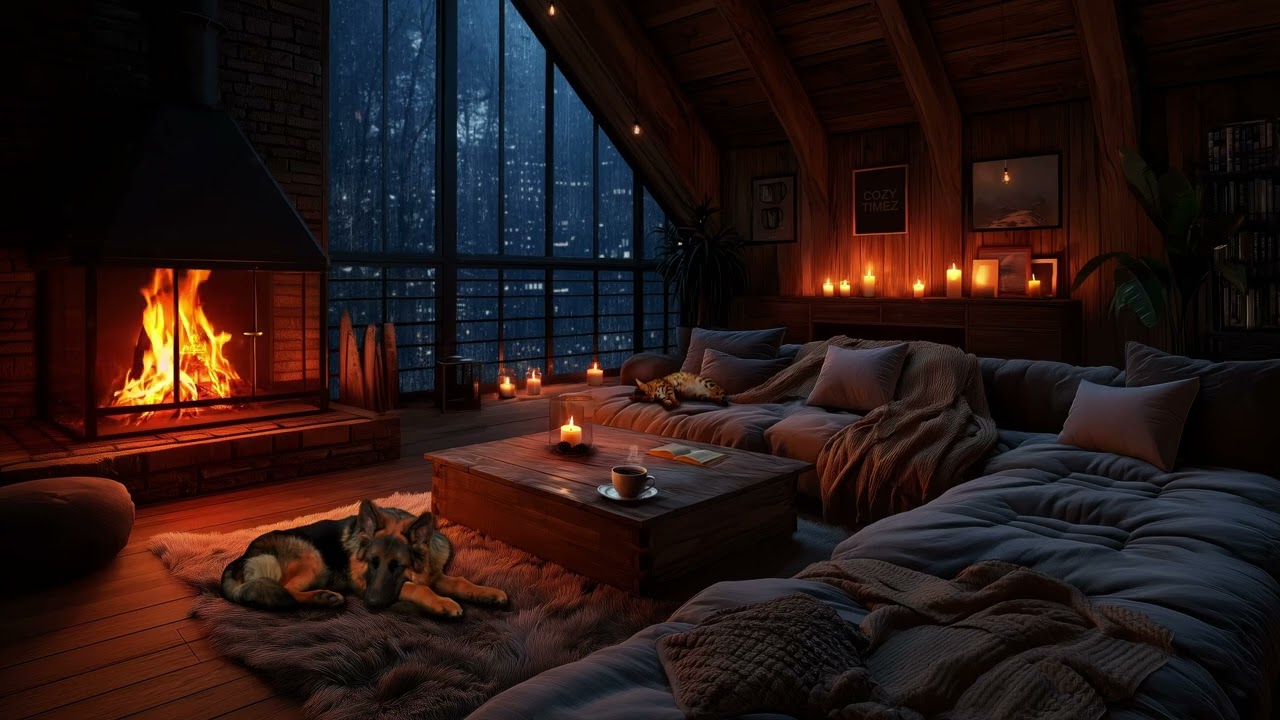 Rainy Night & Crackling Fireplace | Cozy Living Room, Sleeping Pets & Candlelight