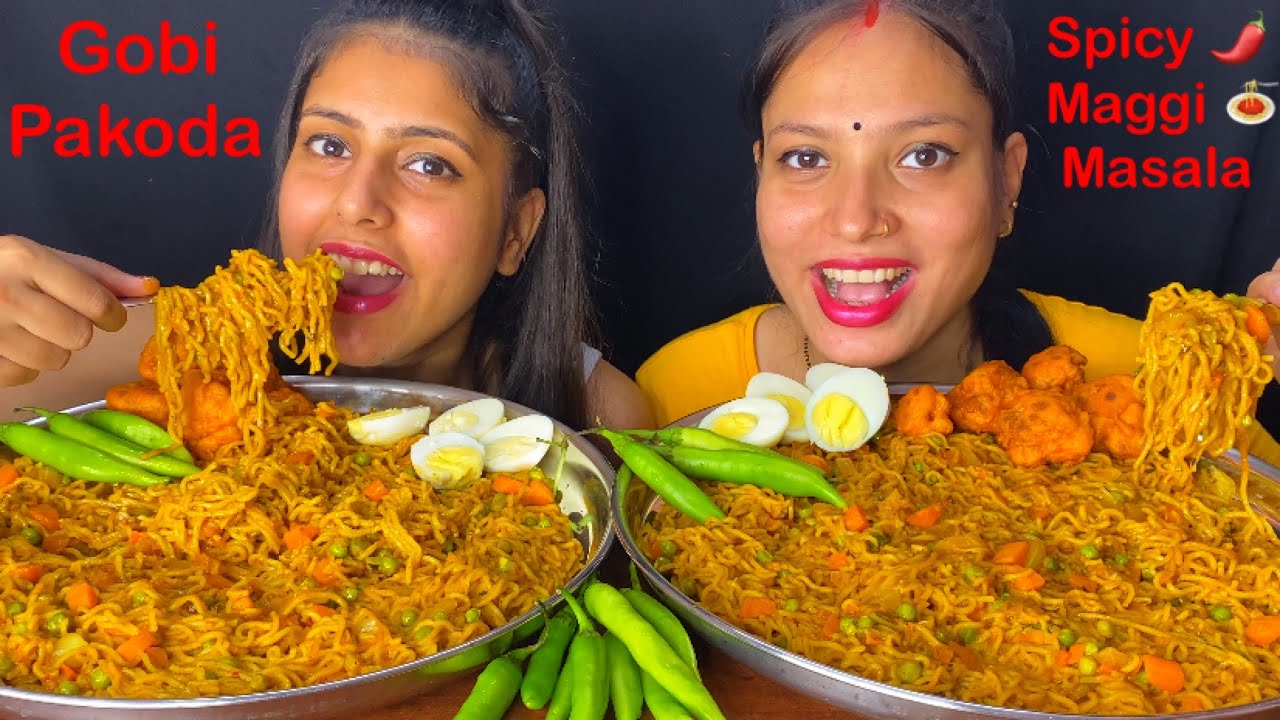 Eating Spicy 🔥 Maggi Masala, Gobi Pakoda, 🥚 Boiled Eggs, Green Chillies| Maggi Eating Challenge