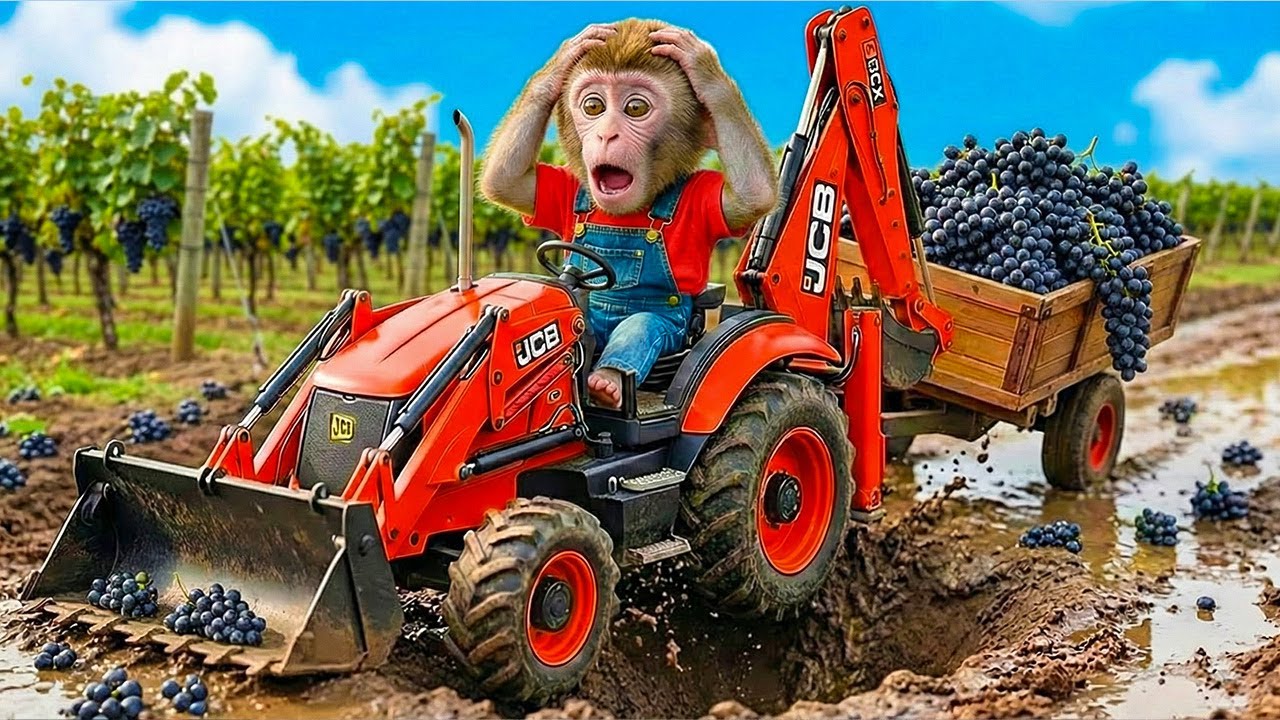 🐵 Monkey Nana the JCB 🚜 Excavator Stuck in Mud 🌧️ | Farm Life Disaster as Grapes 🍇 #monkey