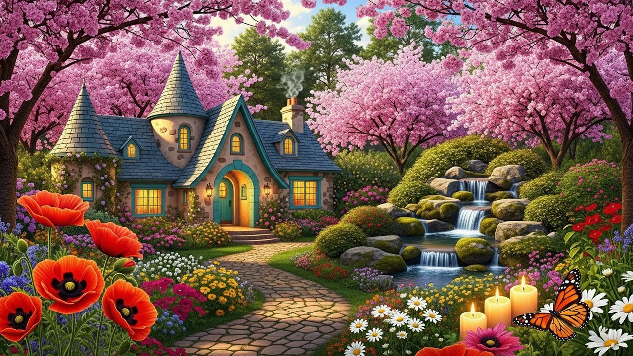 Cherry Blossom Dream Garden 🏡 Soft Waterfall Sounds  Stress Relief & Calm Music