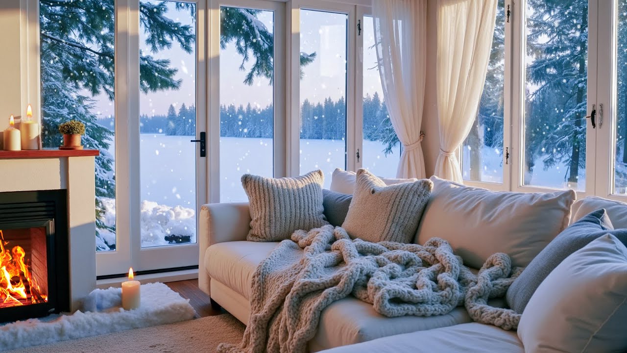 Peaceful Silent Winter Cabin ❄️ Snowstorm Night with Winds and Fireplace Sounds